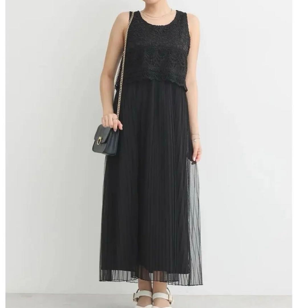 earth music&ecology lace tulle pleated dress black