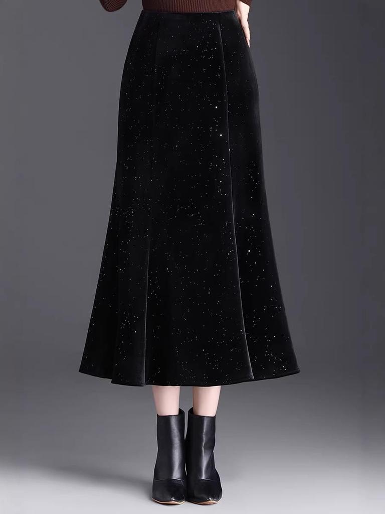 Black Velvet Sequin Fishtail Skirt - 2026 Spring High-Waisted Bodycon Skirt for Commuting