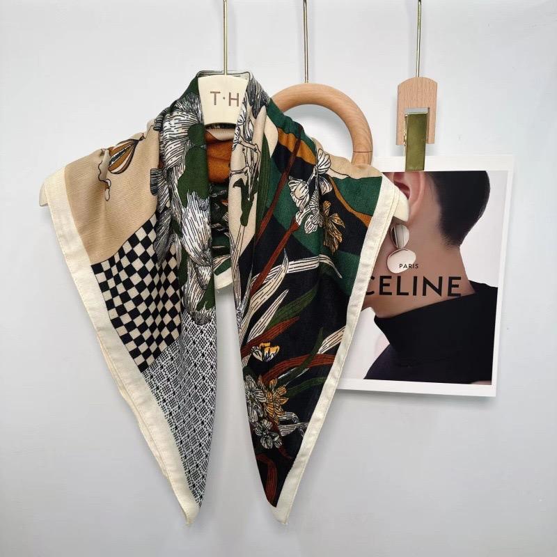 2024 Luxury Animals Floral Print 70cm Cotton Velvet Square Scarf for Women Soft Neckerchief Lady Hijab Neck Tie Hair Headbands