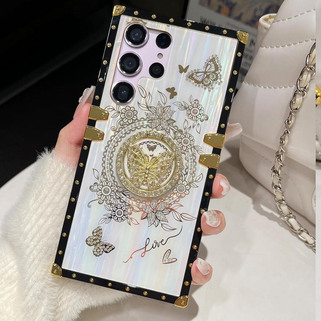 for Samsung Galaxy S25 Ultra Glitter Kickstand Case, Cute Luxury 3D Bling Sparkly Floral Diamond Butterfly with Ring Stand Elegant Shockproof Women