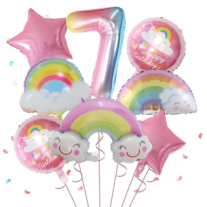

8pcs Rainbow Smile Cloud Balloon 30 inch Gradient Number Foil Balloons 1-9 Year Old Kids Birthday Party Decors Baby Anniversary 32inch