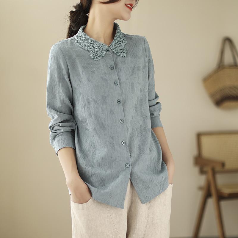 1116 New Jacquard Embroidered Cotton Shirt Women's Foreign Style Cotton Women's Shirt Lace Collar