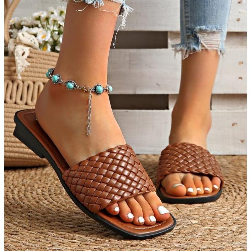 Fashion New Women's Slippers Summer Selling Sexy Braided Red Square Toe Flat Flip-Flops Fashion Beach Mules Casual Indoor Home Slippers