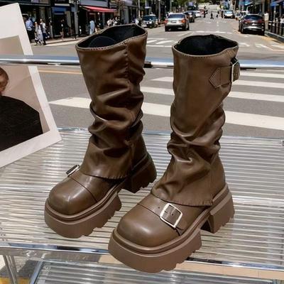 High Boots  Round Toe Sleeve Platform Belt Buckle Platform Anti-Slip Wear-Resistant Block Heel Shoes