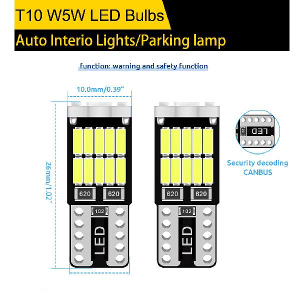 10PCS T10 W5W LED Bulbs 4014 26SMD Canbus 168 194 Signal Lamp White For Car Interior Parking Position Light Map Dome Light Bulbs 7