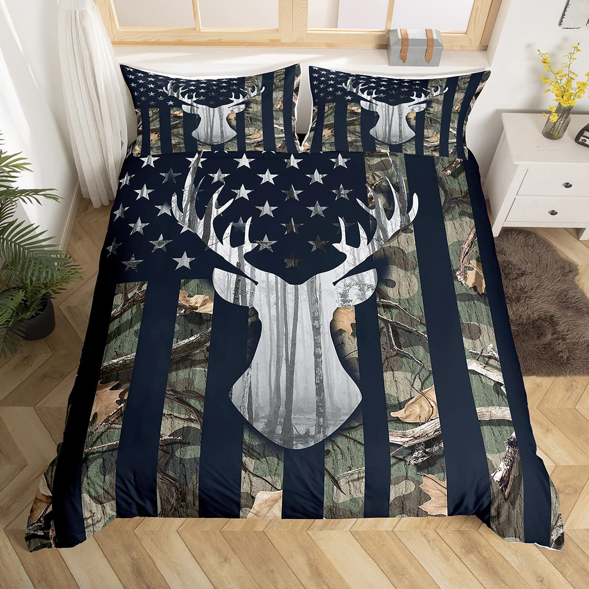 

Camo Deer Duvet Cover Set Antlers Arrow Pattern Bedding Set Stripes Gird Camouflage Comforter Cover Microfiber King Quilt Cover EU Single(135*200cm)3pcs