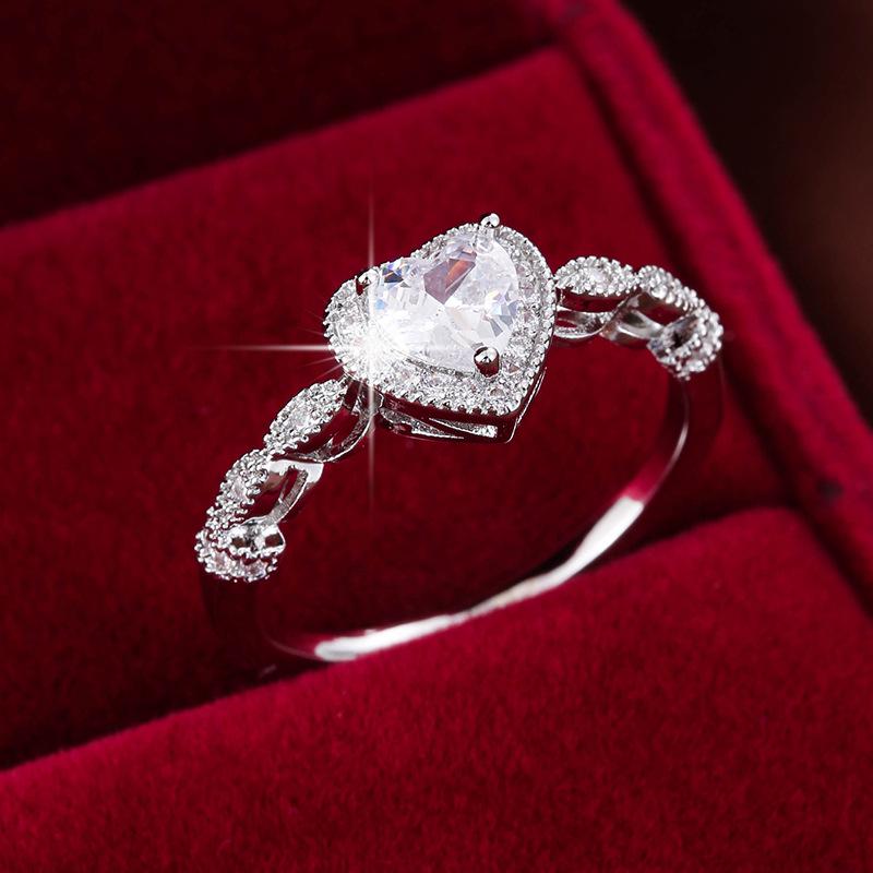 Elegant Heart Zircon Copper Ring - Fashionable Sweet Style Micro-Set Size 6 серебряный/белый
