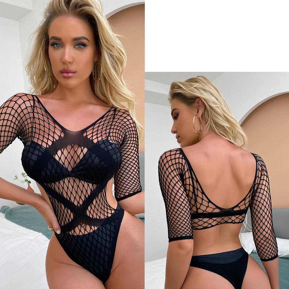Women Sexy Mesh Bodysuit Shapewear Lingerie Outfit Erotic Fishnet Hollow Out Transparent Slim Mini Underwear Suit Costume