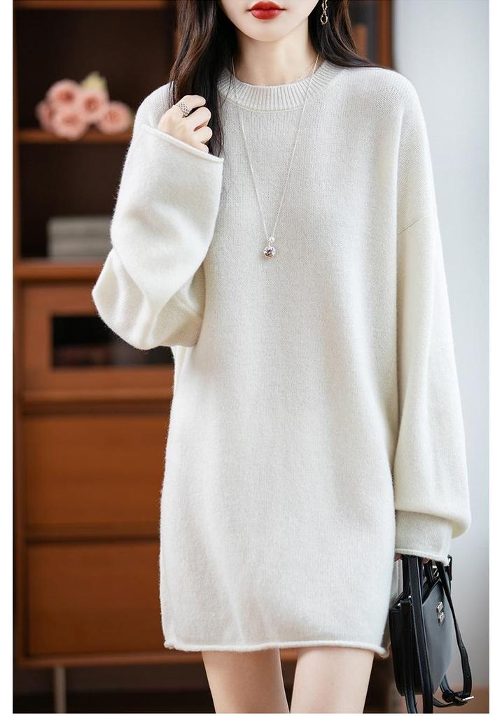 Women's Pure Wool Loose Knit Dress - Autumn & Winter, Round Neck, Solid Color, Plus Size, Medium Long, Korean Style.