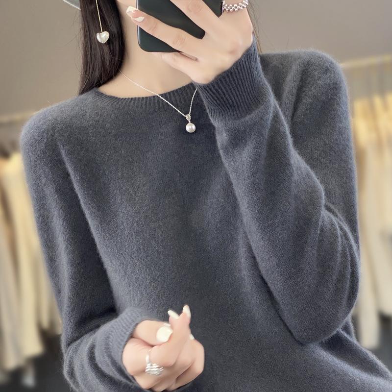Women's Pure Wool Loose Knit Cashmere Sweater - Round Neck, Long Sleeve, Soft Base Layer for Autumn/Winter
