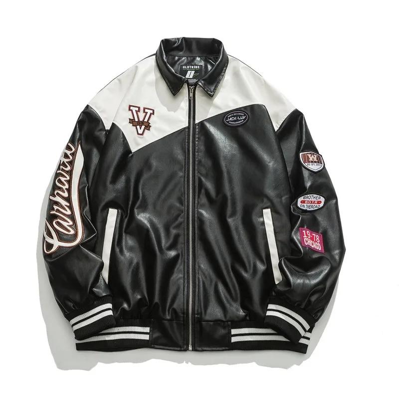 

Ретро уличная мужская куртка из искусственной кожи, цветная вышитая бейсбольная форма с лацканами и воротником для пары, повседневная модная куртка-пилот свободного покроя