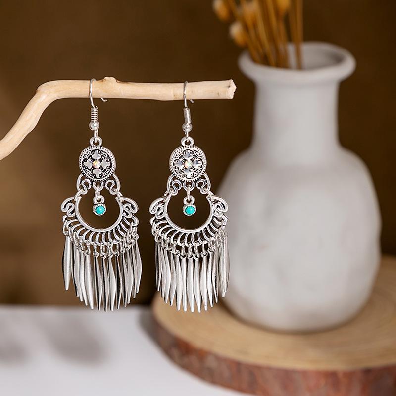 Peacock Tassel Earrings with Hollow Leaf Design in Retro Ethnic Style Imitation Silver for Women