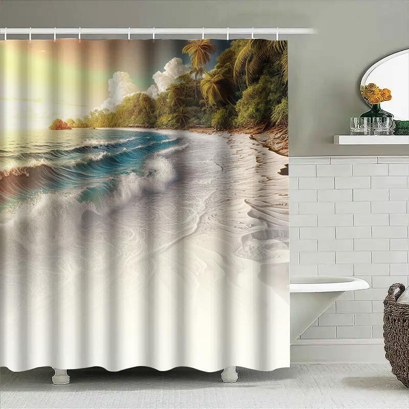 Beach Shower Curtain Beautiful Ocean Waves Palm Trees Design For Bathroom Decor Waterproof Fabric White And Blue Color Scheme