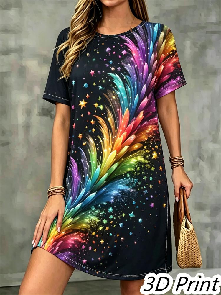 Fashion 3D Print Summer Dress Loose Casual Short Sleeve O-Neck Mini Dress