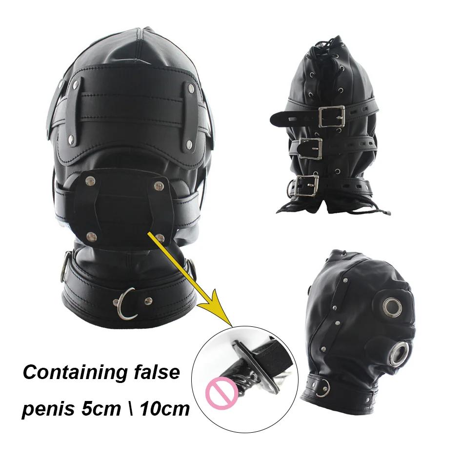 Leather Sexy Mask  Adjustable Strap Character Party with Fake Penile Full Package Binding Couple Game Mask Flirting Hat 18+