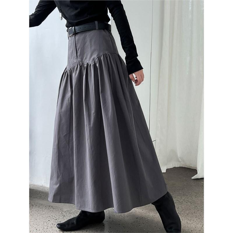 

Johnature French Waist Seal Shirred Umbrella Skirt Women Retro Versatile High-waisted Design Casual Skirts M серый