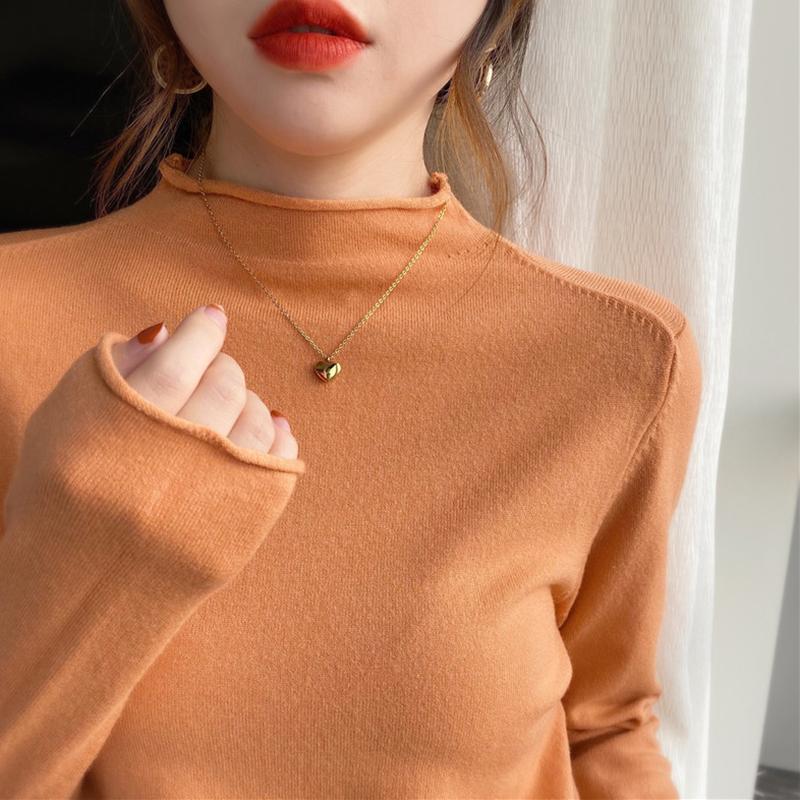 Ladies autumn winter Long Sleeve stand Collar slim fit Basic Solid Color Pullover T Shirt Top for Layering