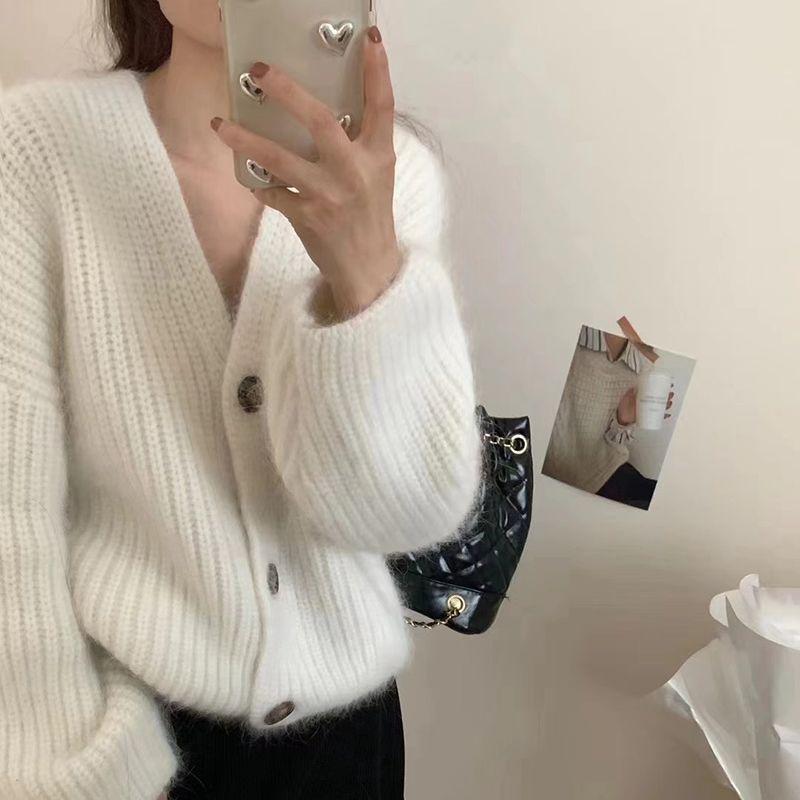 Korean-Style Faux Mink White V-Neck Fluffy Knitted Cardigan Shawl Sweater