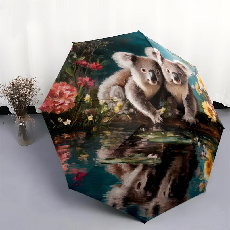 Fantasia koala e fiori, ombrello pieghevole automatico, design portatile e pieghevole, 8 stecche, un regalo di Natale o di compleanno.
