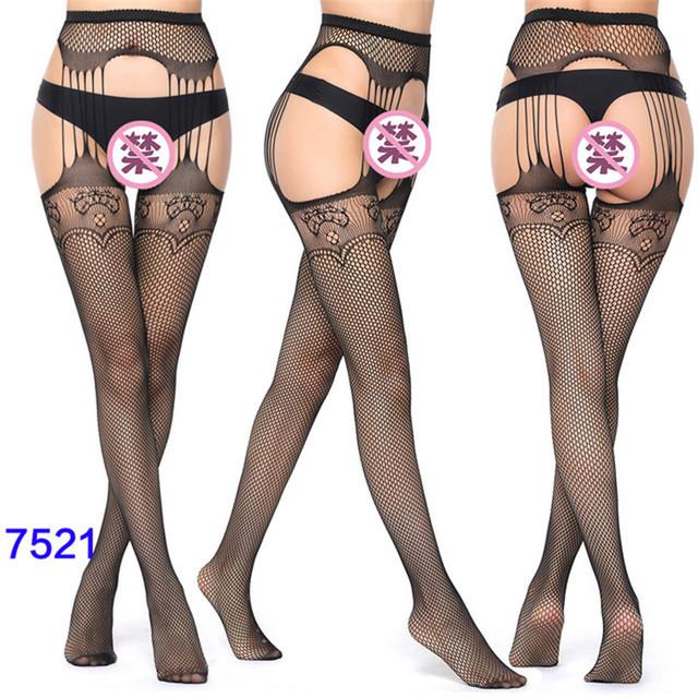 Sexy Lingerie Women's Fishnet Stockings With Garter Belt Summer Thin Lace Patterned Mesh Tights Female Black Suspender Pantyhose