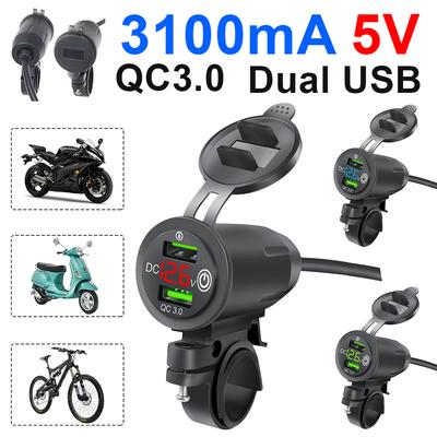Car Charger Socket Dual USB Motorcycle Handlebar Charger Fast Charge QC3.0 Motorcycle Mobile Phones Charger with Voltage Display