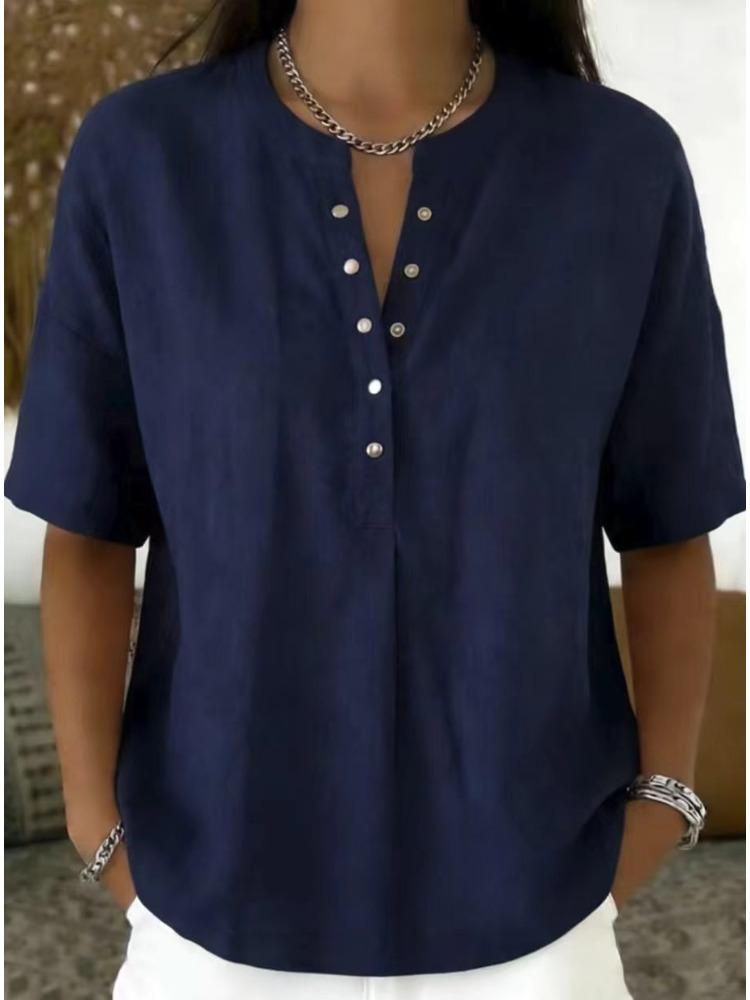 Pink V-Neck Short Sleeve Loose Fit Blouse with Buttons
