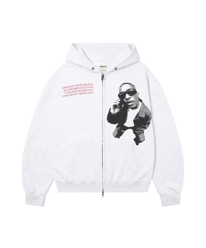 Amou Hotline Hoodie Zip-Up White Gray