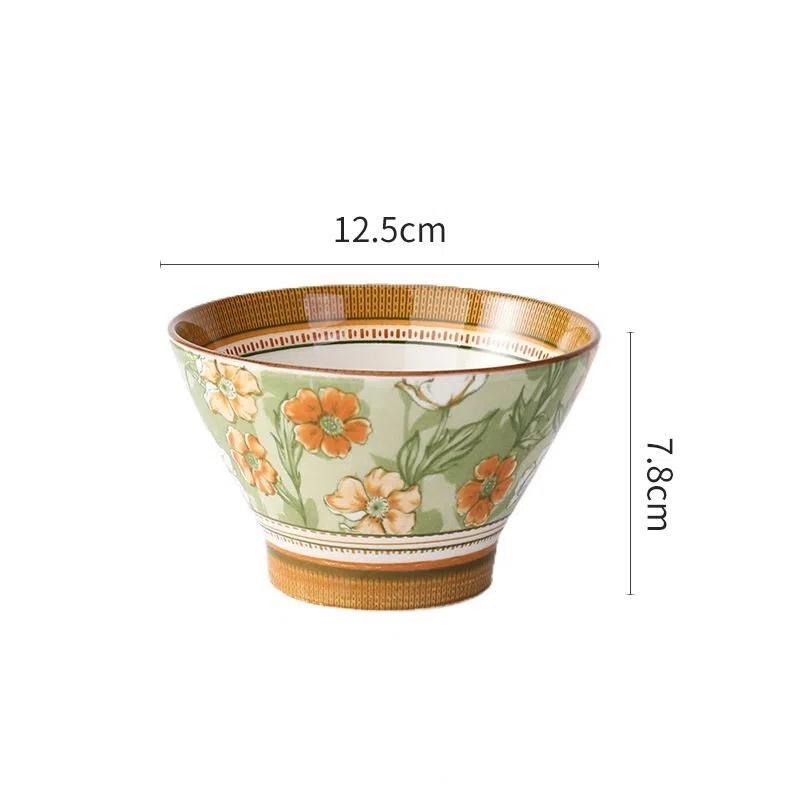 5 Inch Underglaze Ceramic Rice Bowl with Spoon Traditional Dessert Bowl