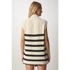 Women's Cream Black Zippered Collar Striped Sweater Mx00123