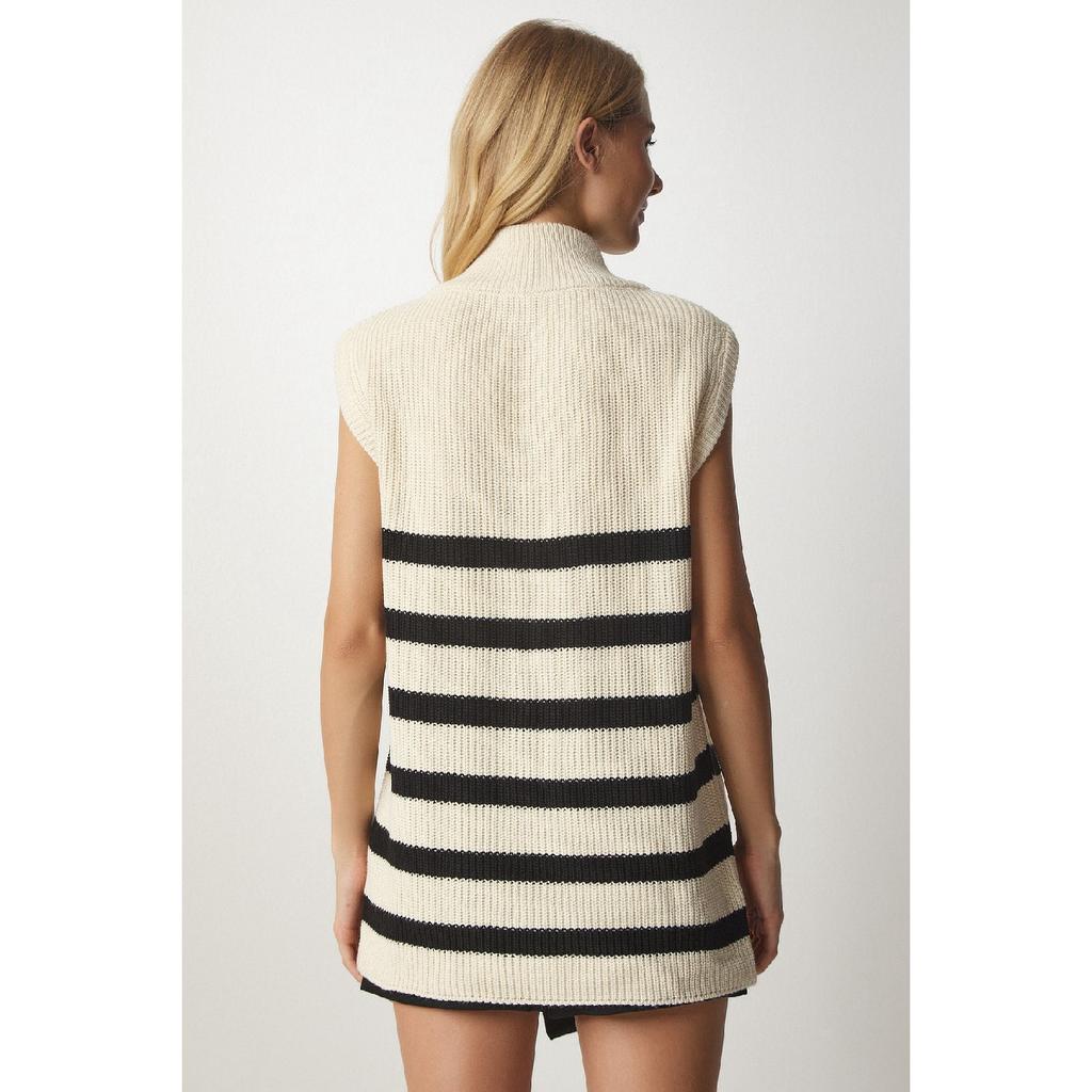 Women's Cream Black Zippered Collar Striped Sweater Mx00123