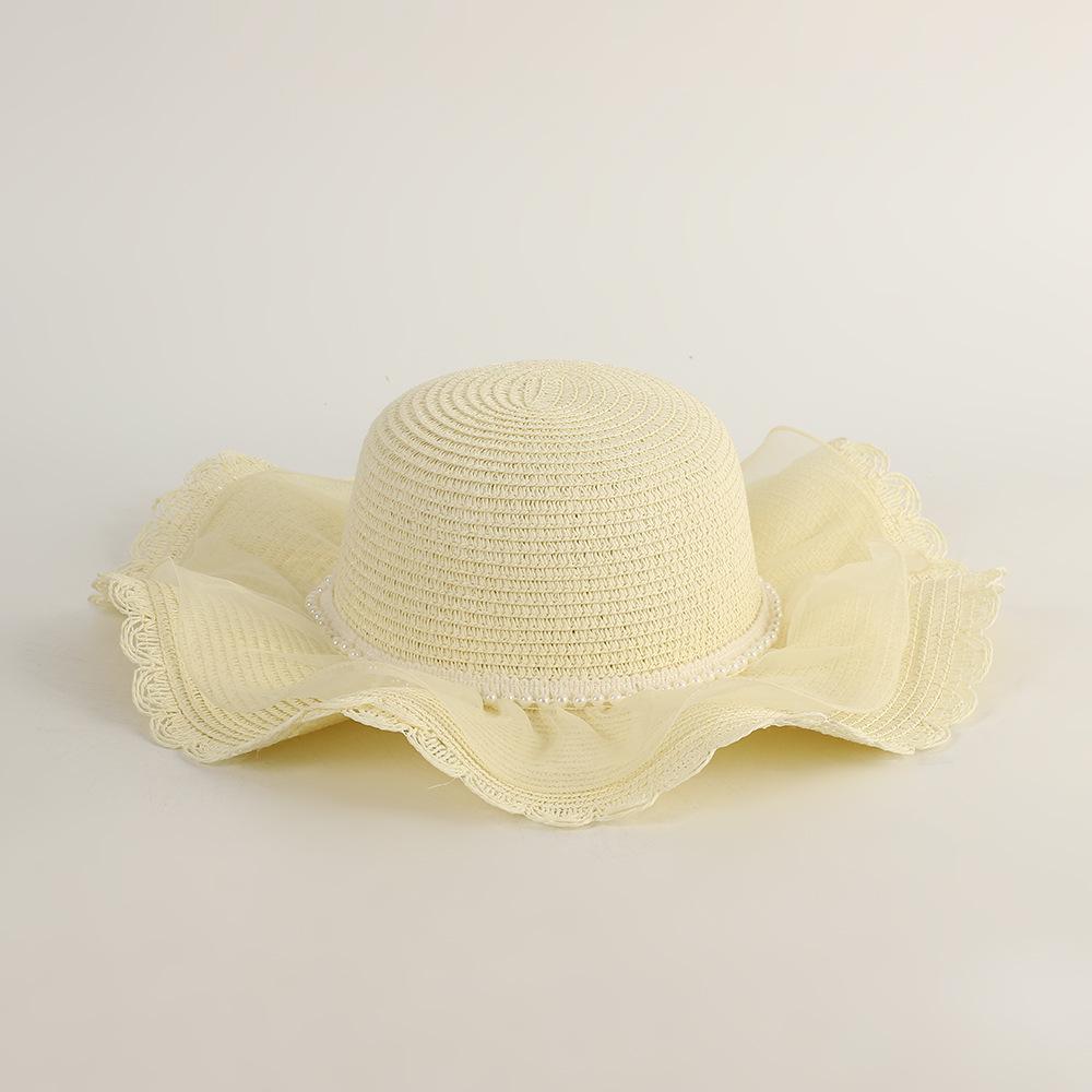 Pearl Mesh Girls' Summer Straw Hat Set - Parent-Child Style, Large Brim, Sun Protection