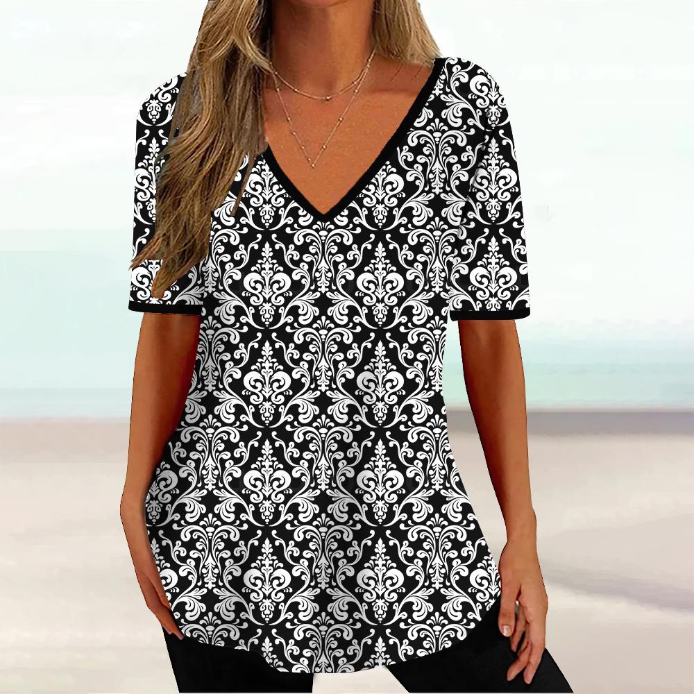Summer V-neck 3D Geometric Striped Printed Top Fashionable Casual Short Sleeved Women's T-shirts