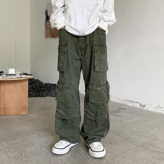Men Cargo Pants Street Style Loose Multi Pockets American Retro Trousers Solid