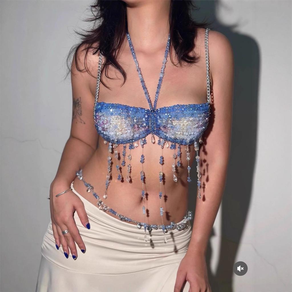 Women Blue Beaded Sequin Halter Tassel Body Chain Crop Top