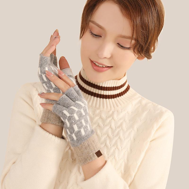 Half-finger gloves autumn and winter women's wool to keep warm cute student versatile dew finger winter knitting leak five fingers