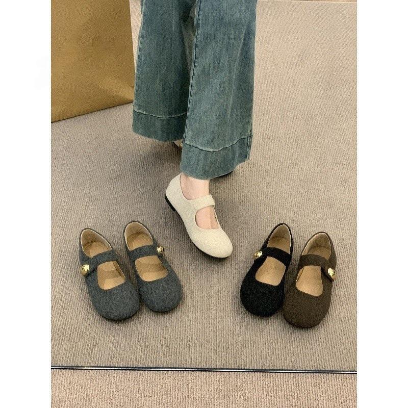 Flat-bottomed Gray Mary Jane Shoes Women's Outerwear One-word Belt Retro Single Shoes