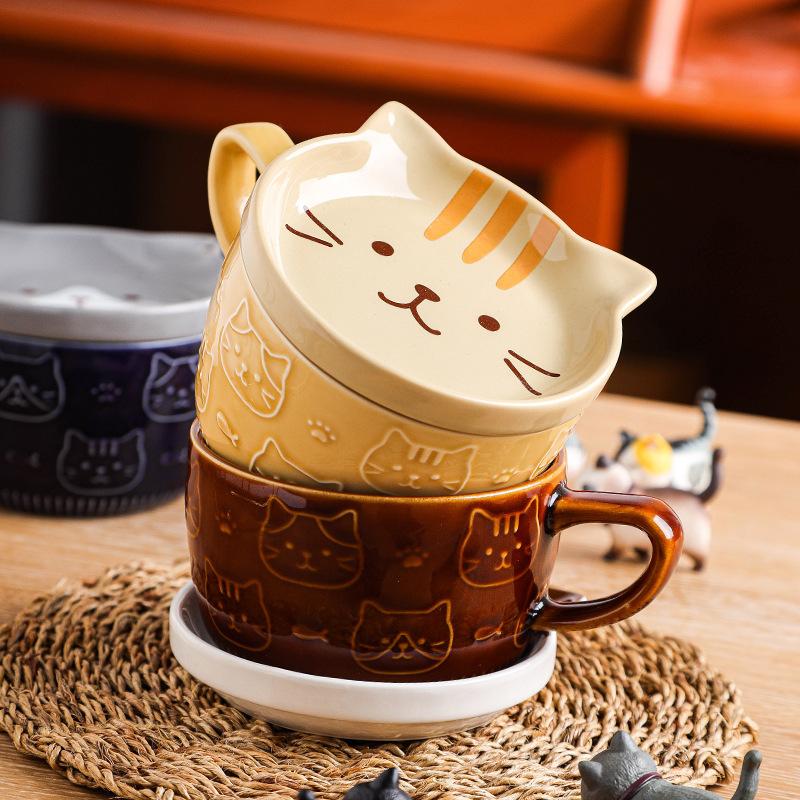 Cute Cartoon Cat Ceramic Mug with Lid Cup