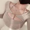 2024 Sexy Korean Halter Neck Blouse: Metal-Buttoned, Long-Sleeve Threaded Top with Short Sling Two-Piece