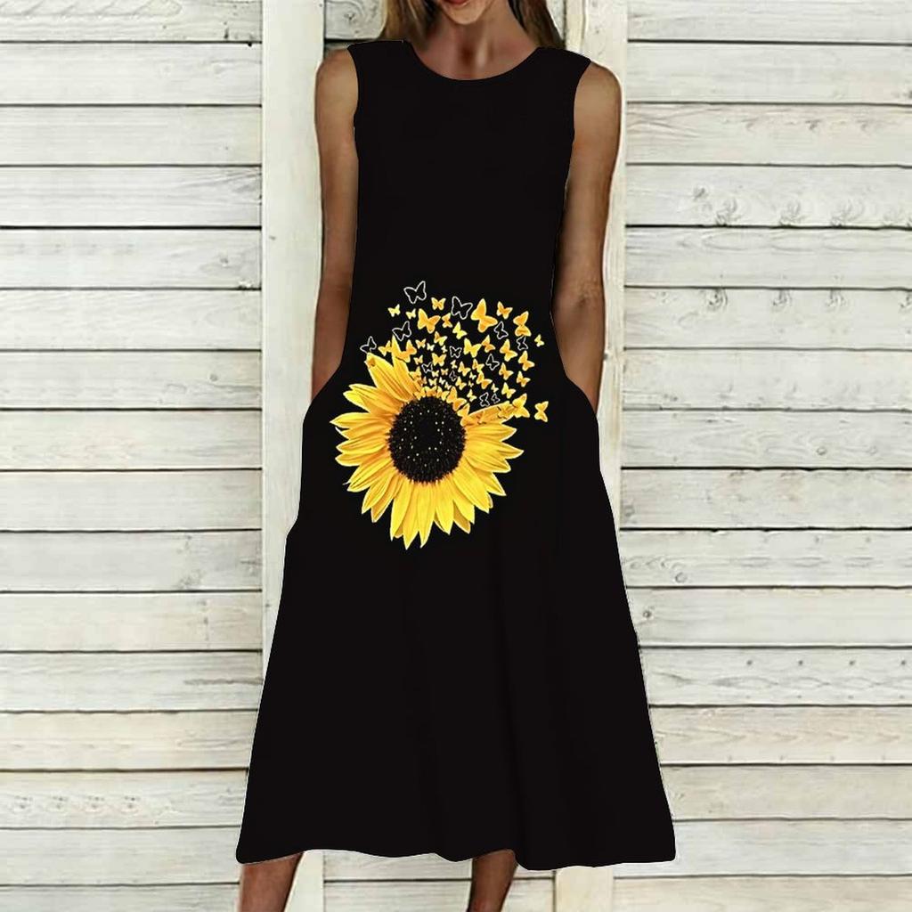 Oversized Female Sleeveless Crew Neck Dress Gentle Watercolor Flower Cluster Loose Midi Dress