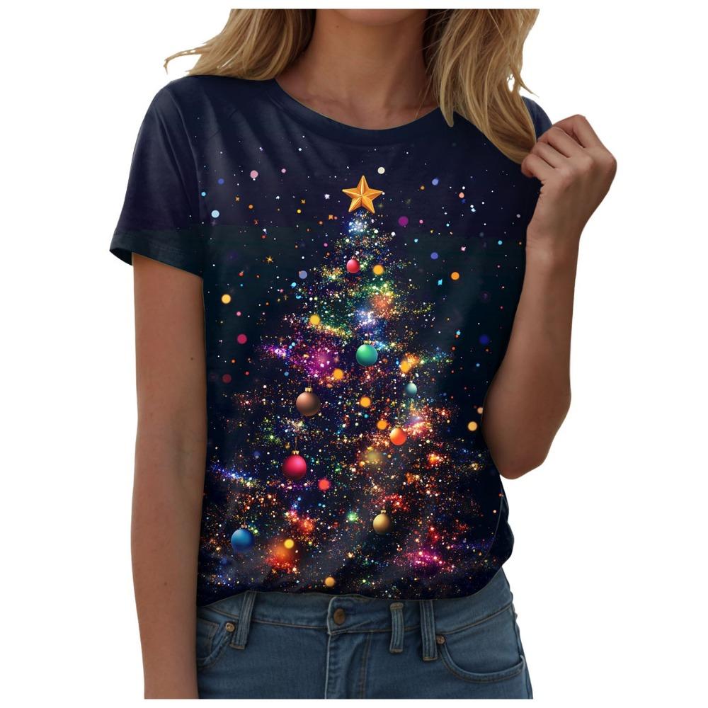 Women's Round Neck Short Sleeved T-shirt, Paired with a Charming Christmas Tree Gift Snowman Print Top