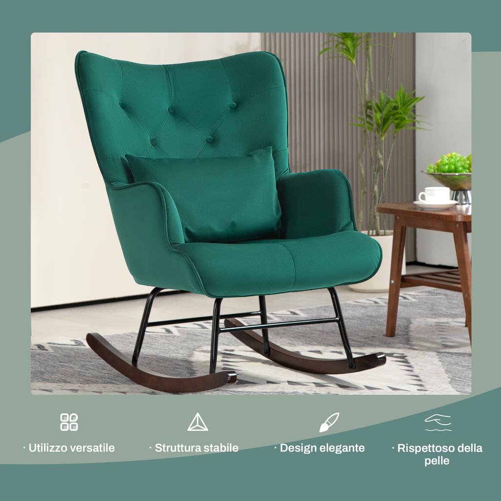 Velvet Rocking Armchair with High Backrest, Rocking Chair with Cushion and Armrests for Living Room and Bedroom, Green
