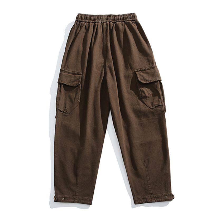 Autumn and Winter Thickened Twill Washed Pure Cotton Elastic Waist Casual Pants Men's Japanese Retro Distressed Multi-Pocket Cargo Pants