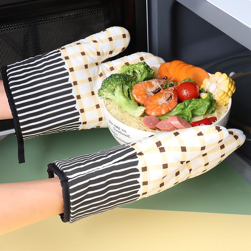 Baijie Heat-Resistant Gloves, Insulated Cotton Gloves, Microwave Oven Baking Tool Gloves, Checkered Baking Gloves, 2-Piece Set