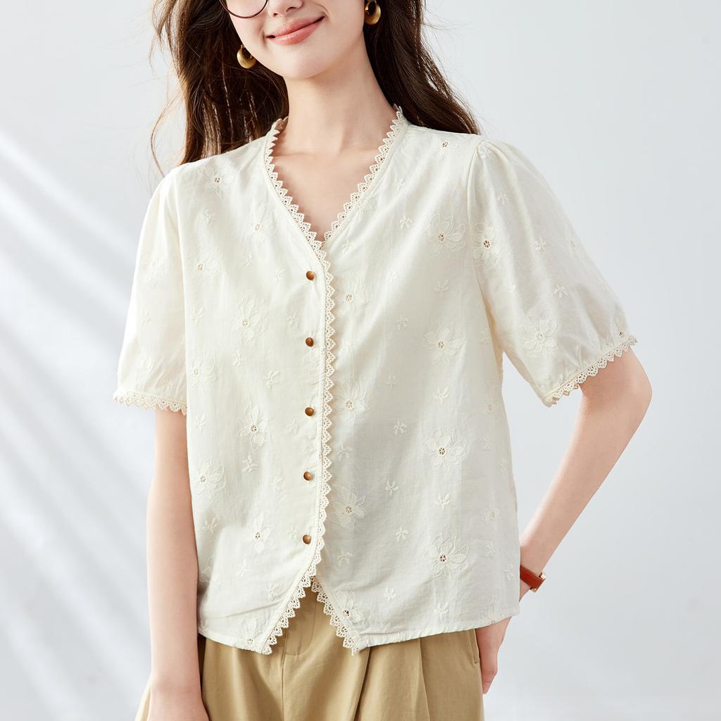 Apricot Embroidered Blouse for Women Short-sleeved Summer Updated Lace Lace V-neck Top Pure Cotton Blouse