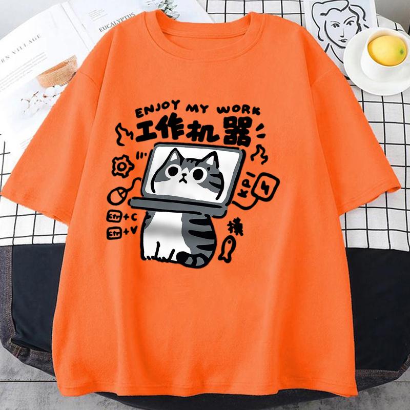 Fun Tool Cat Print Japanese Style T-Shirts Men Women Breathable Clothing Summer Cotton Tshirt Hip Hop Loose Oversized T-Shirt