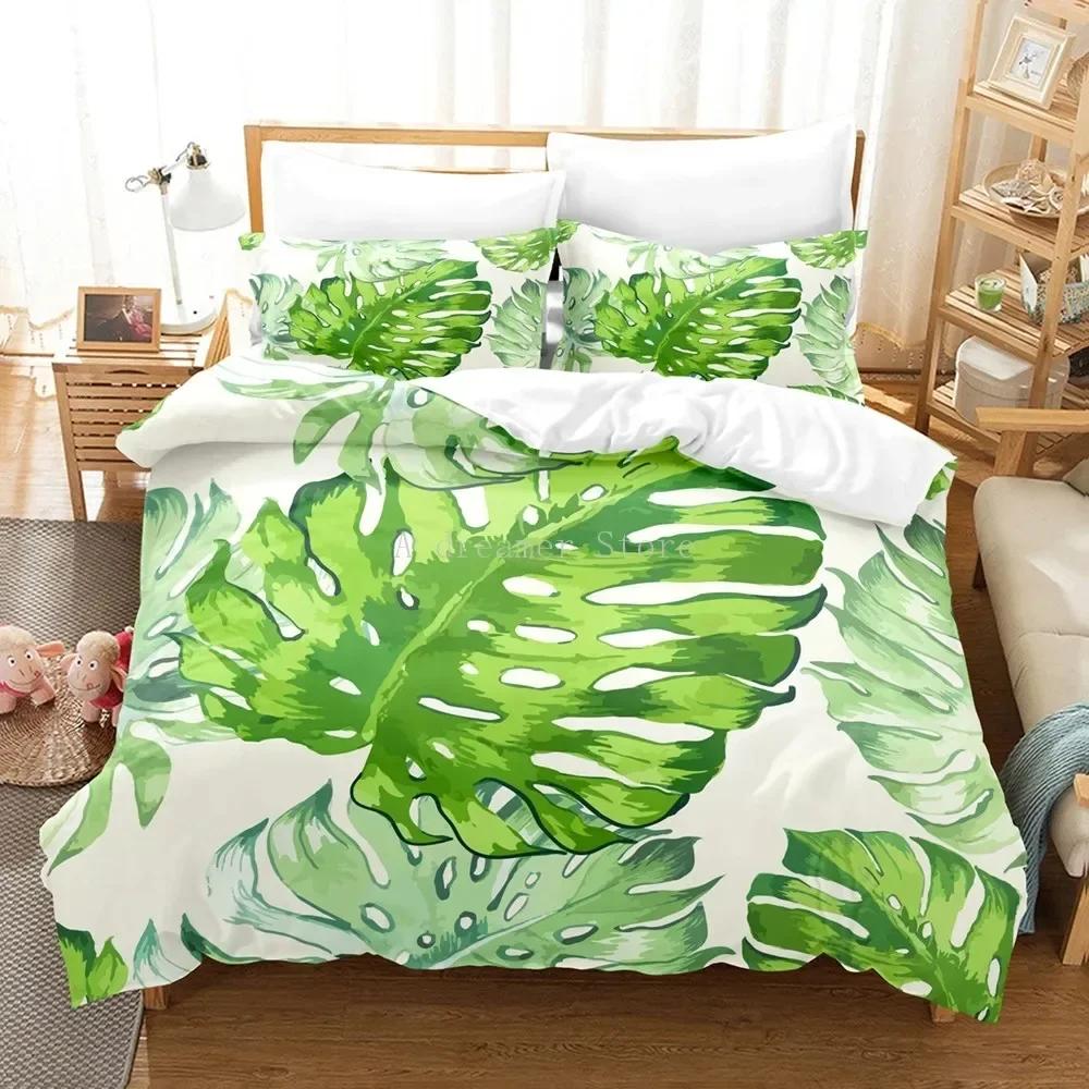 New 3D Green Palm Leave Fashion Comfortable Duvet Quilt Cover Pillowcase Bedding Set Children Bedroom Decoration Home Textile