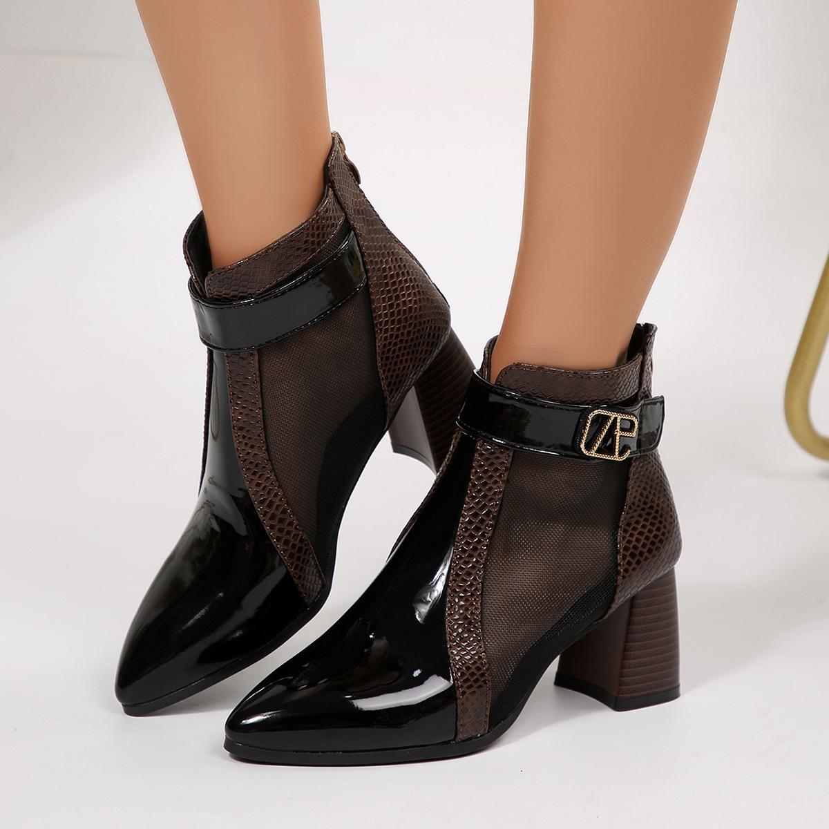 

Женские туфли на высоком каблуке, ажурные сетчатые ботинки, кожаный толстый каблук, новые сандалии 2025, сетчатые короткие ботинки на среднем каблуке, остроносые модные крутые ботинки 42 коричневый