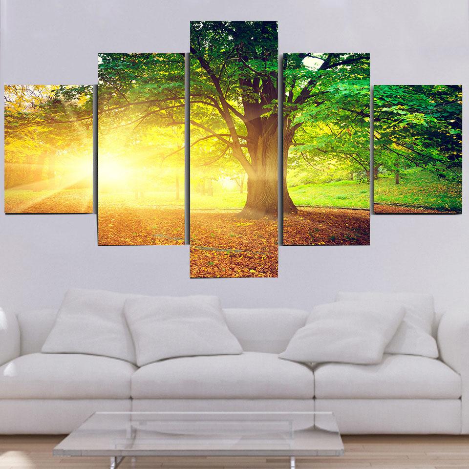 

5 панелей пейзаж закат зеленое дерево лес холст картины постеры и принты настенные художественные фотографии гостиная домашний декор без рамки 30x40cm*2 30x60cm*2 30x80cm*1