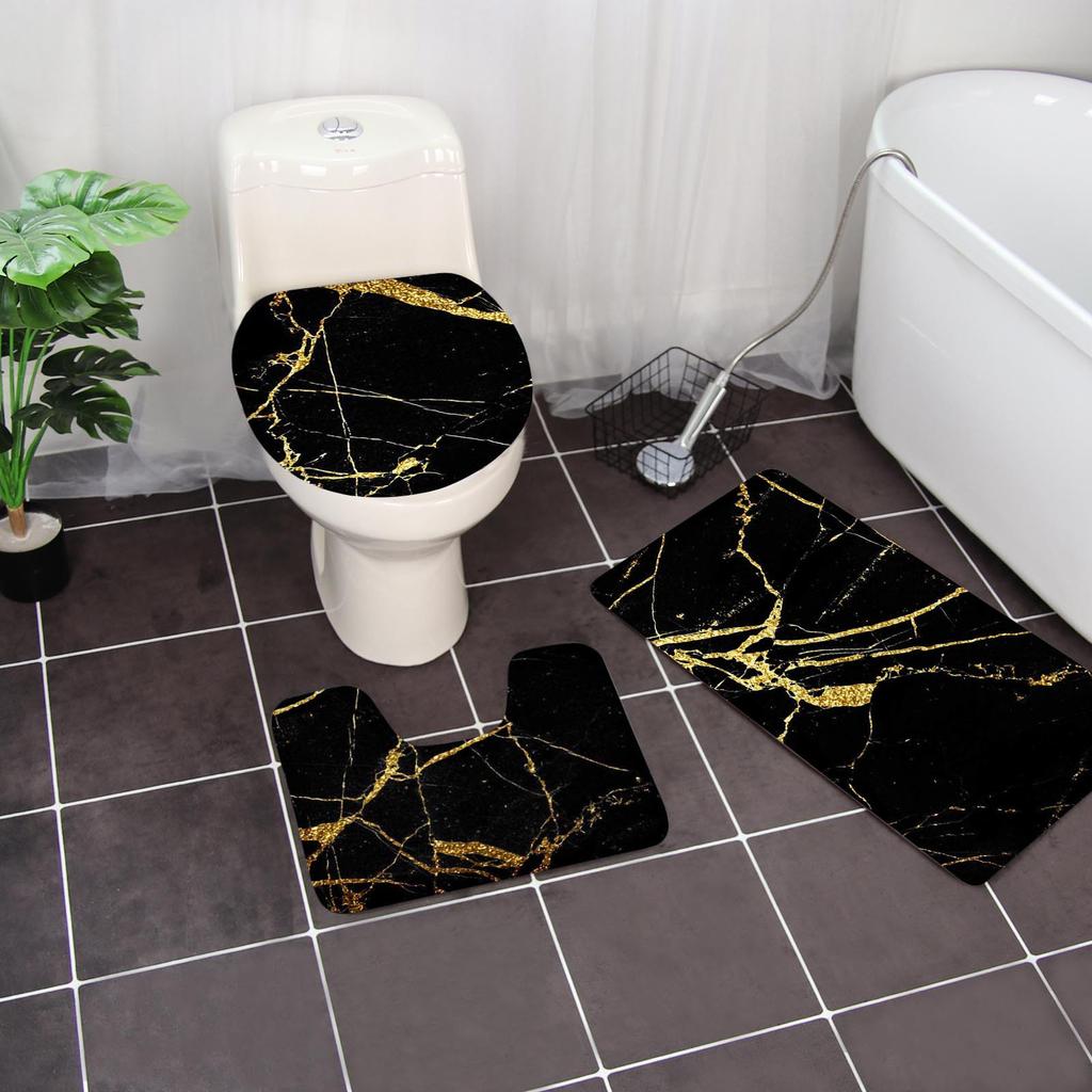 Bathroom Tools Marble Patterned Toilet Cover 3 Piece Set Non Slip Bathroom Rugs Set Bath Rug Mat And Toilet Lid Cover