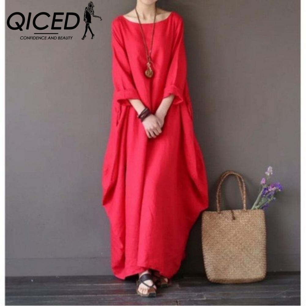 QICED Women Long Loose Summer Casual Dress Linen Cotton Plus Size